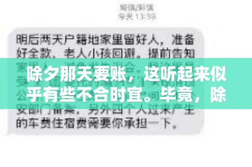 除夕那天要账，这听起来似乎有些不合时宜。毕竟，除夕是团圆的时刻，家家户户都在享受着节日的欢乐。然而，在现实生活中，总有一些人因为各种原因，不得不在这样一个特殊的日子里，去处理一些不那么愉快的事情，比如要账。今天，我们就来聊聊这个话题，看看在除夕那天要账，究竟是一种怎样的体验。